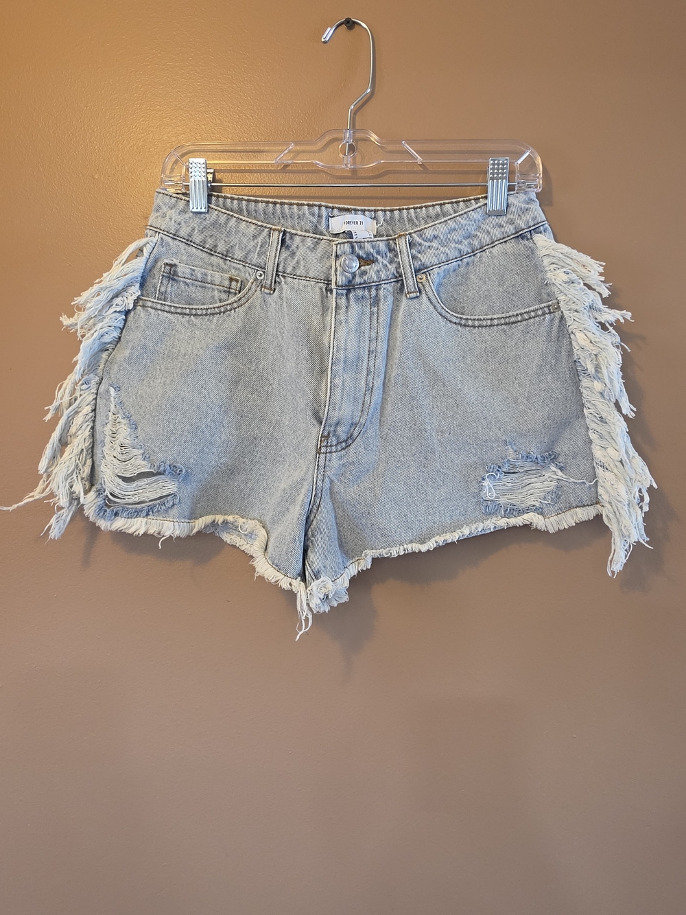 Forever 21 Light Blue Distressed Denim Shorts with Side Fringe